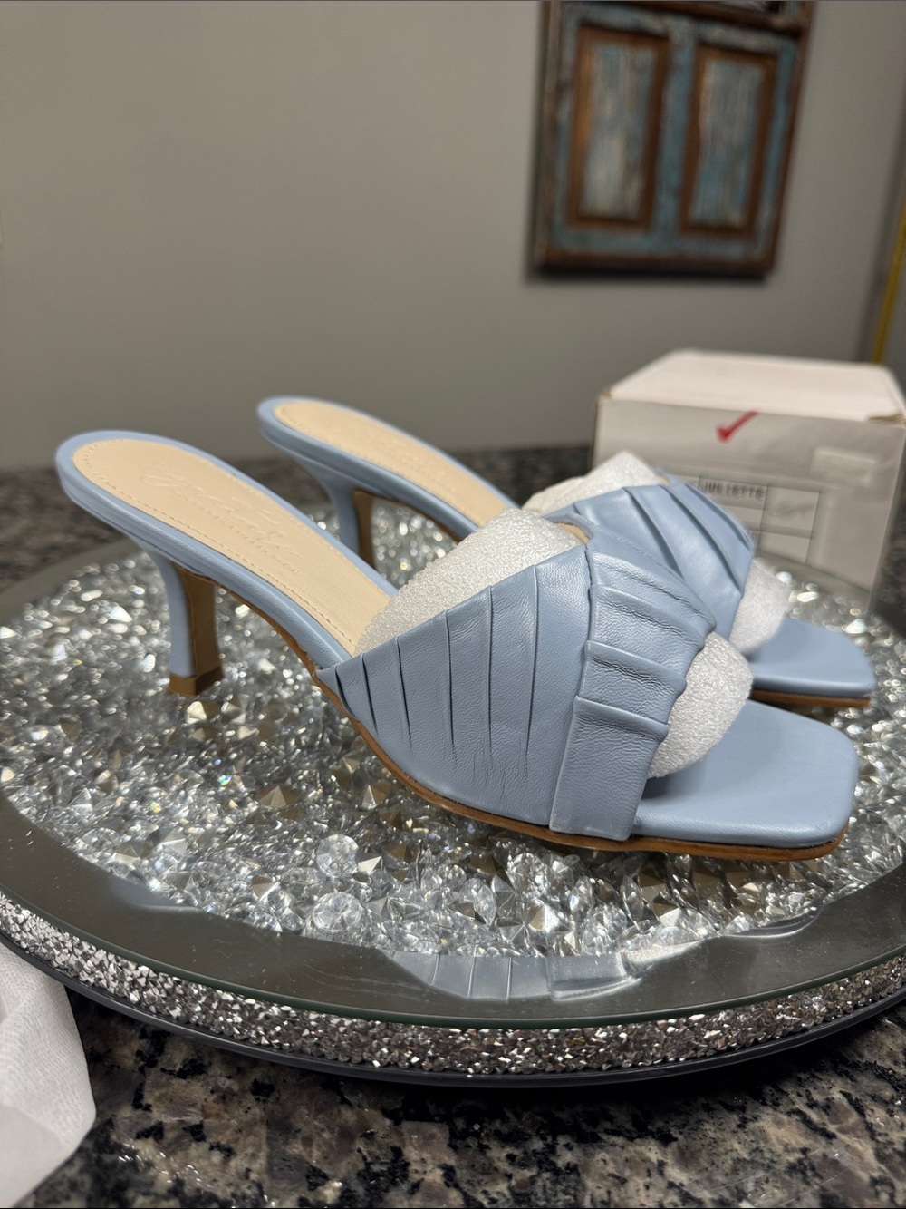 Signature by Journee Collection Light Blue leather Slide mule Heel sandals NEW
